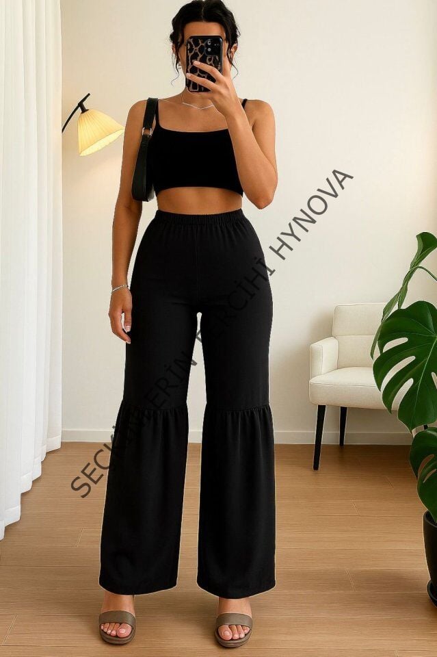 Kadın Yüksek Bel Parça Detay Bol Paça Pantolon
