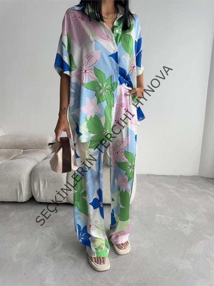 YEŞİL BÜYÜK ÇİÇEK DESEN SATEN GÖMLEK-PANTOLON TAKIM - Yeşil