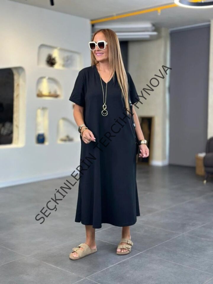 Kadın Kısa Kollu V Yakalı Cep Detaylı Uzun Viskon Iki Iplik Elbise