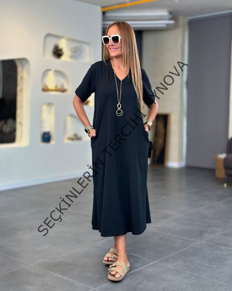 Kadın Kısa Kollu V Yakalı Cep Detaylı Uzun Viskon Iki Iplik Elbise
