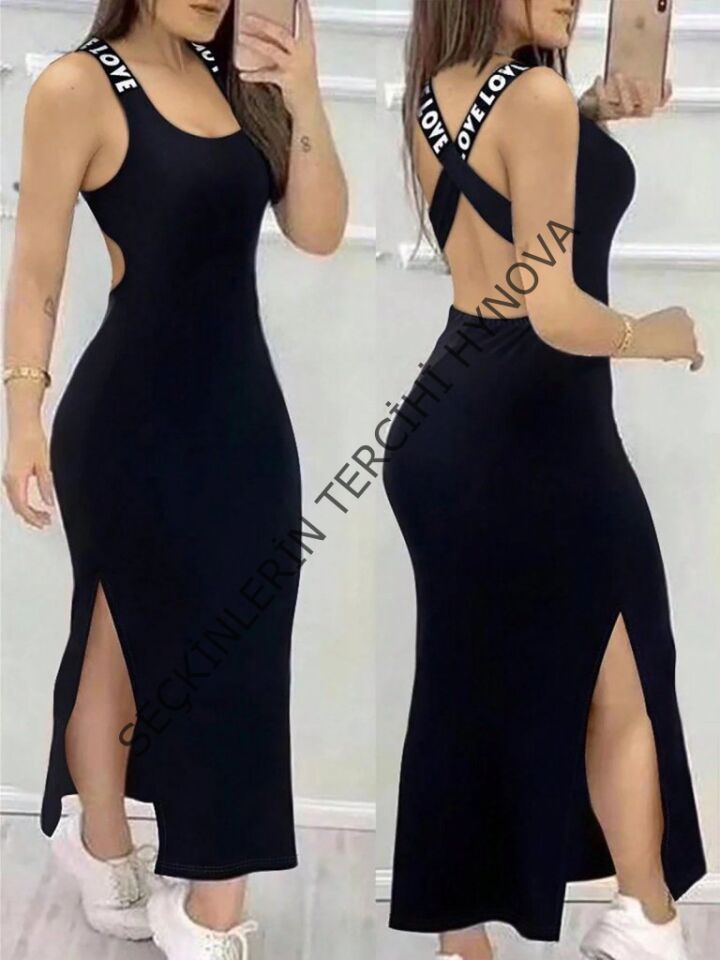 Kadın Yuvarlak Yaka Sırttan çapraz şerit Love Detaylı Yırtmaçlı Viskon Elbise