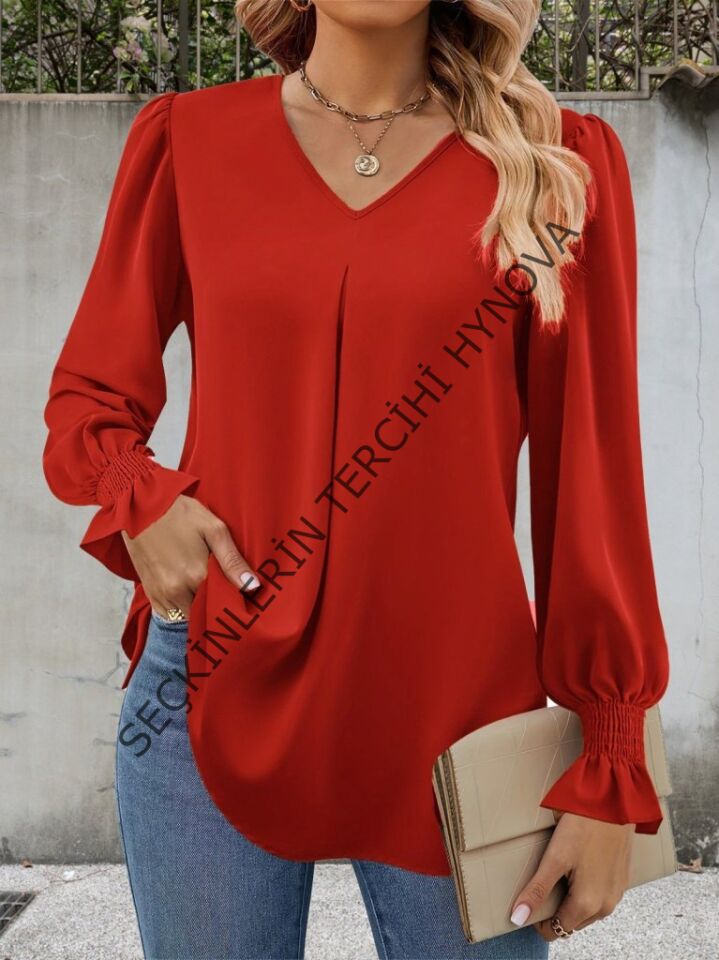 Kadın Uzun Kollu V Yakalı Salaş Ithal Krep Bluz