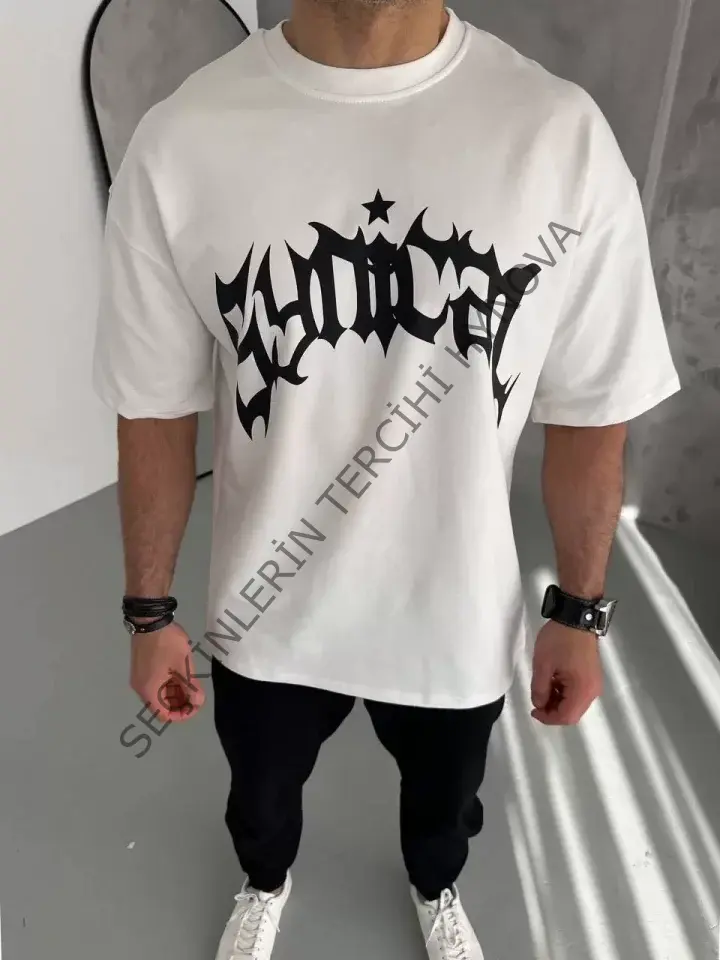 Unisex Bisiklet Yaka Baskılı Oversize T-Shirt - Beyaz