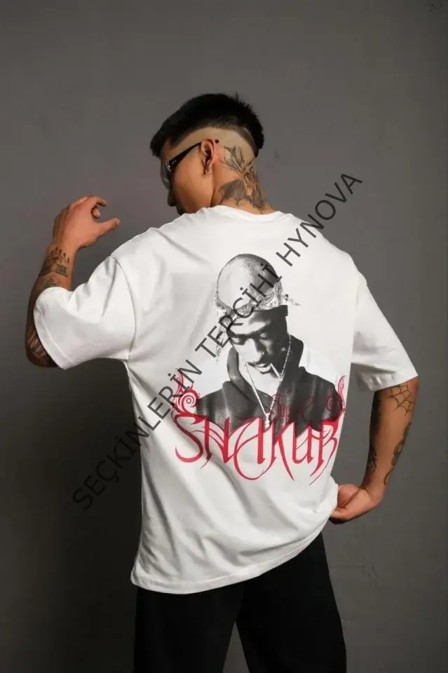 Erkek Oversize Tişört – Beyaz 24/1 Penye Kumaş, Bisiklet Yaka, Ön - Arka Baskılı, Streetwear Tarzı Rahat Büyük Kalıp T-Shirt- Beyaz