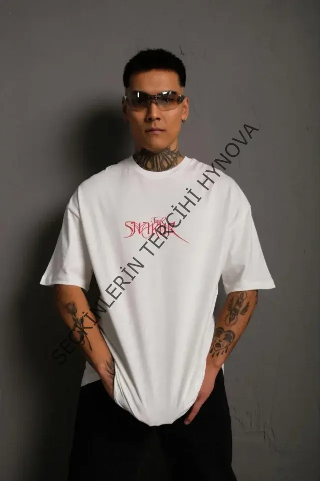 Erkek Oversize Tişört – Beyaz 24/1 Penye Kumaş, Bisiklet Yaka, Ön - Arka Baskılı, Streetwear Tarzı Rahat Büyük Kalıp T-Shirt- Beyaz
