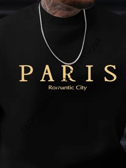 Erkek Uzun Kollu Bisiklet Yaka Paris Yazılı Iki Iplik Sweat