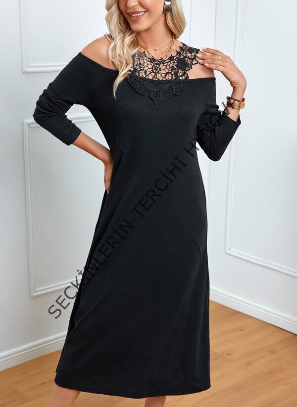 Kadın Uzun Kollu Yaka önü Güpürlü Madonna Yaka Viskon Midi Boy Elbise