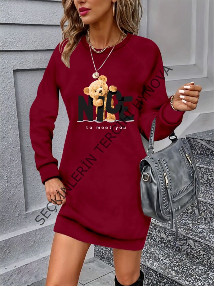 Kadın Uzun Kollu Bisiklet Yaka Ayı Desenli Viskon Iki Iplik Elbise