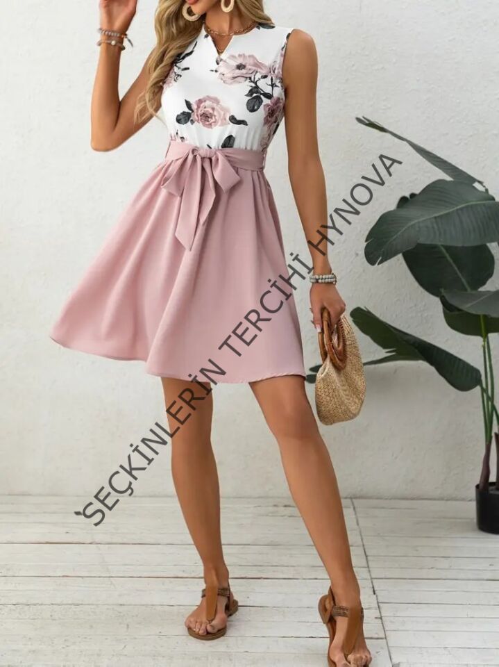 Kadın Sıfır Kollu V Yakalı çiçek Baskılı Beli Kuşaklı Dalgıç Elbise