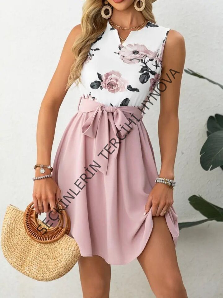 Kadın Sıfır Kollu V Yakalı çiçek Baskılı Beli Kuşaklı Dalgıç Elbise