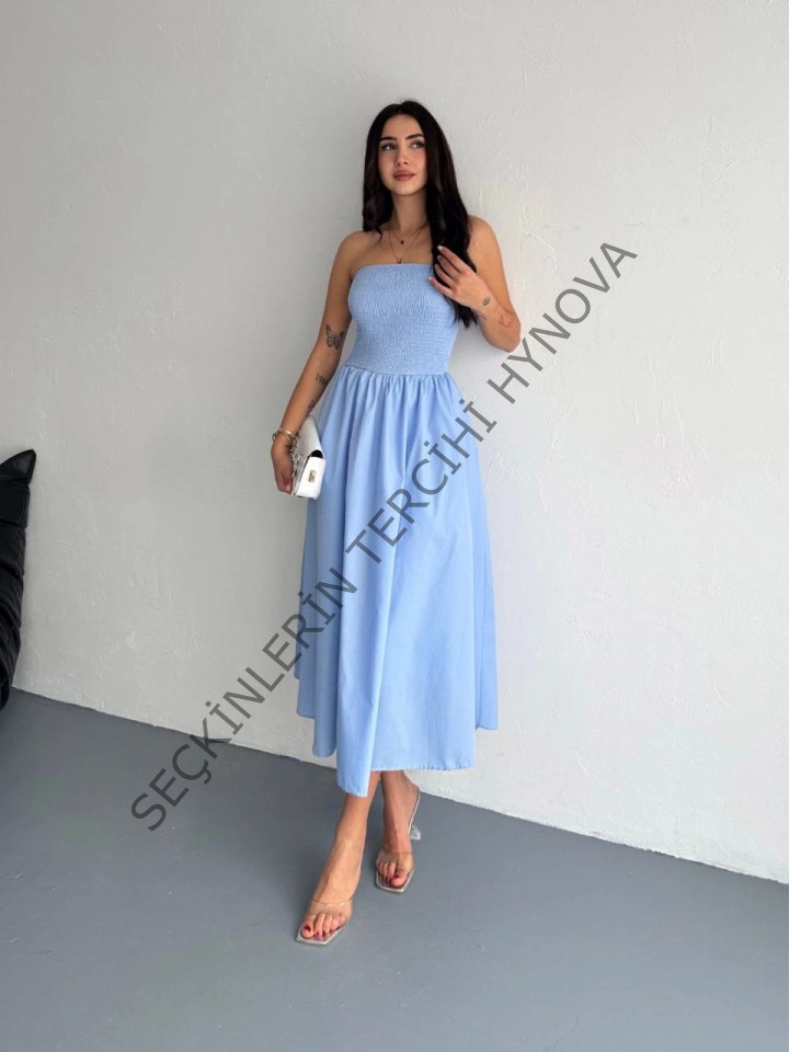 Straplez Pileli Elbise - Açık Mavi