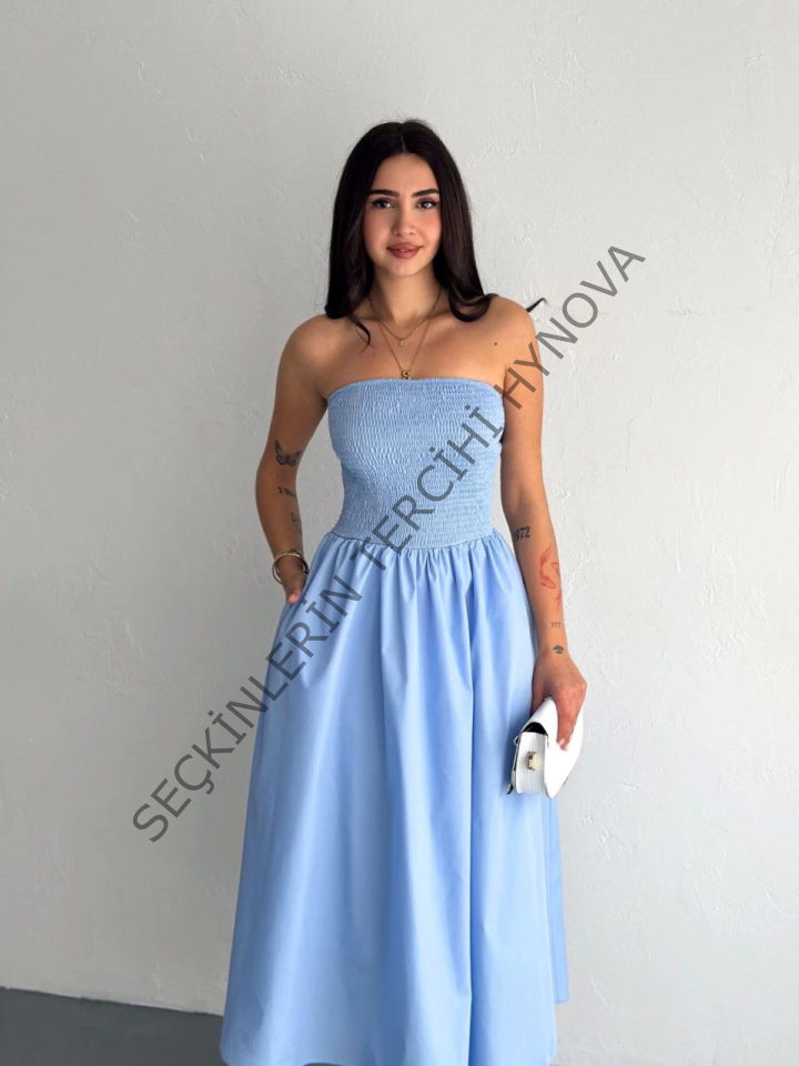 Straplez Pileli Elbise - Açık Mavi