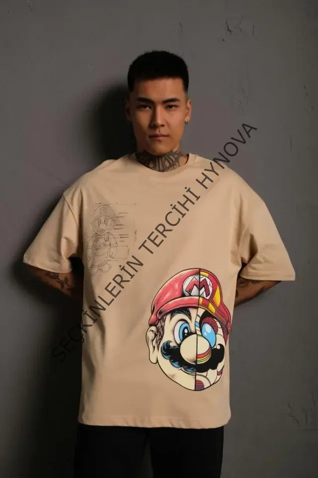 Erkek Mario Baskılı Oversize T-Shirt - Bej