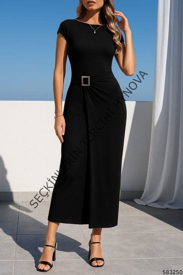 Kadın Sandy Kumaş Metal Toka Detaylı Midi Boy Elbise