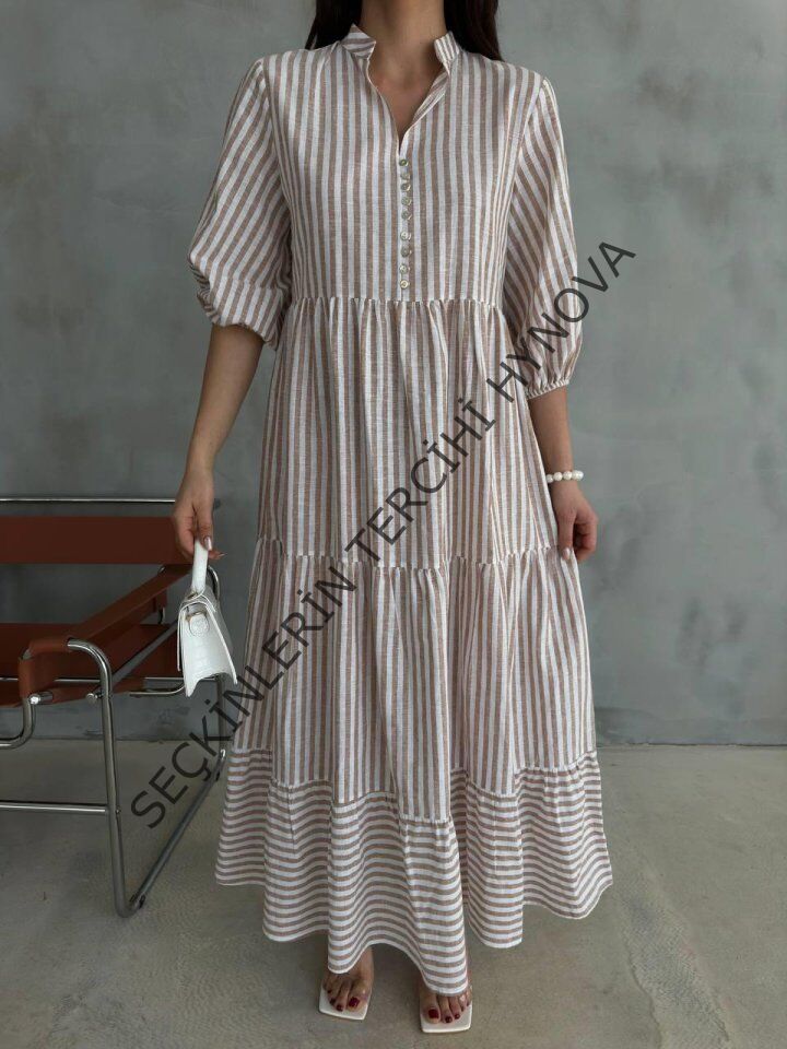 ÇİZGİLİ KETEN HAKİM YAKA DÜĞMELİ SALAŞ ELBİSE - Kahverengi