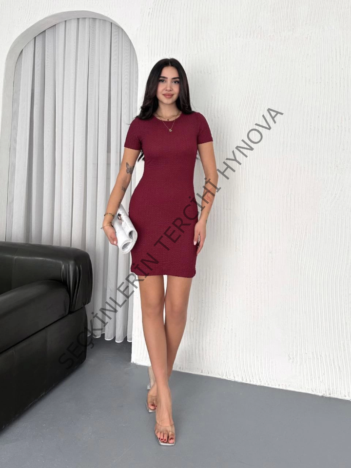 Bisiklet Yaka Kısa Kol Likralı Elbise - Bordo