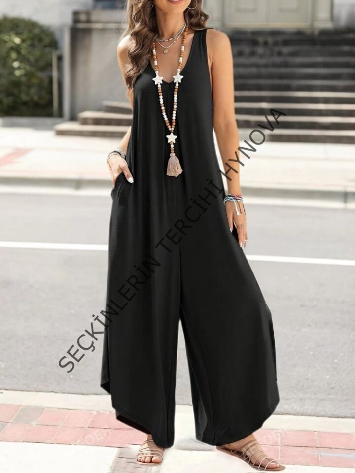 Kadın Askılı Yuvarlak Yaka Cepli Salaş Uzun Viskon Tulum