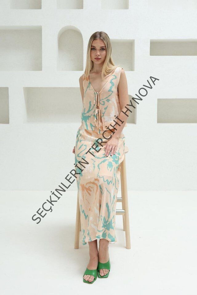 Bağcıklı Bluzlu Etek Takım - Pudra