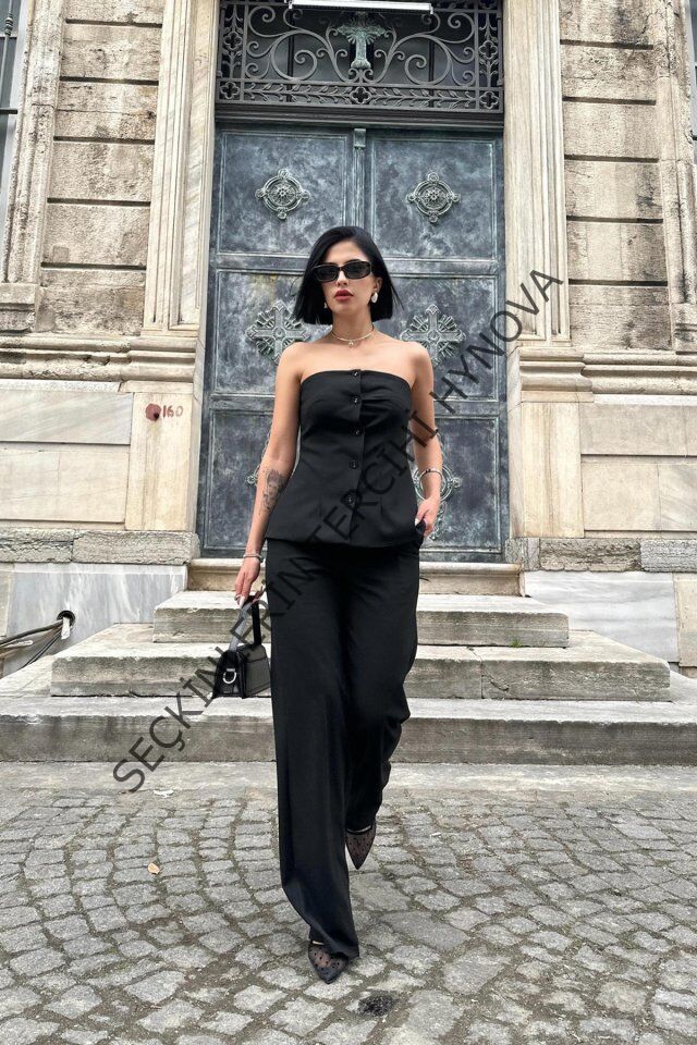 Siyah Straplez Düğmeli Crop Ve Pantolon Takım