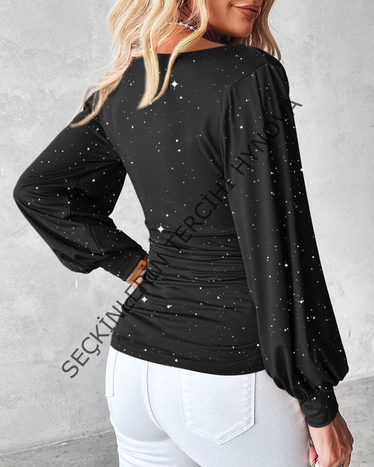 Kadın Uzun Kollu Degaje Yaka Taşlı Sandy Bluz