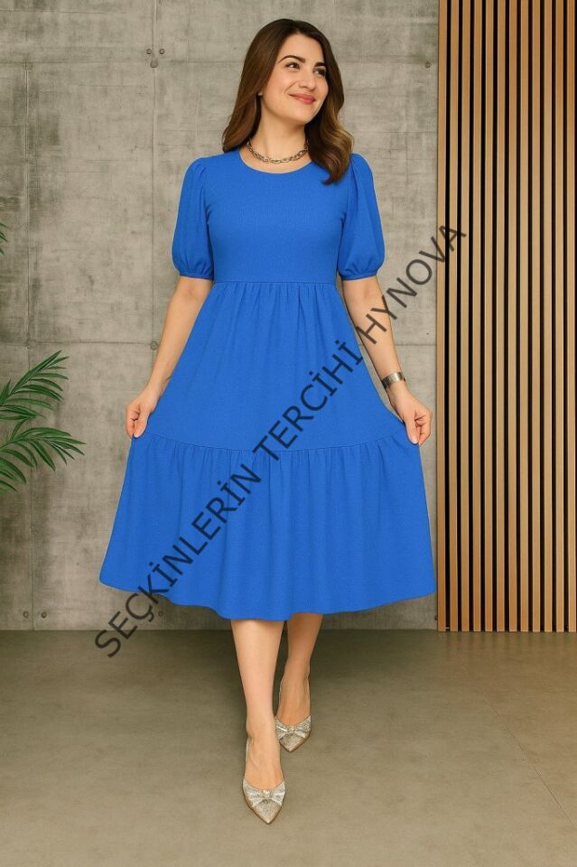 Kadın Kısa Kollu Yakası Açık Katlı Bürümcük Balon Elbise