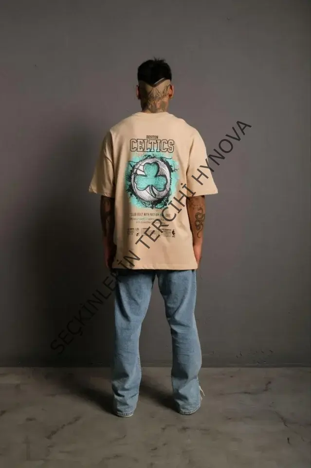 Erkek Sırt Baskılı T-shirt - Bej