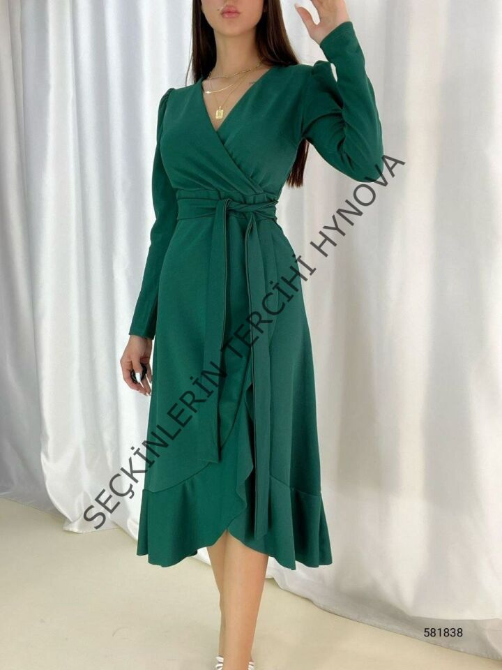 Kadın Yeşil Krep Kumaş Midi Boy Kuşaklı Uzunkol Elbise
