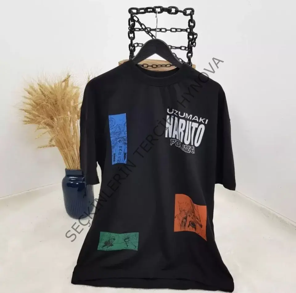 Unisex Bisiklet Yaka Baskılı Oversize T-Shirt - Siyah