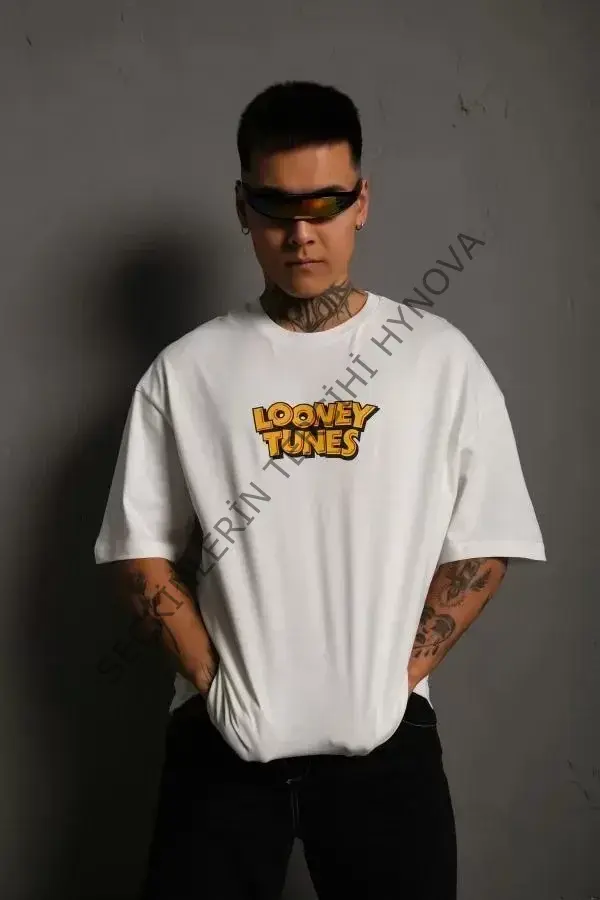 Unisex Bisiklet Yaka Baskılı Oversize T-Shirt - Beyaz