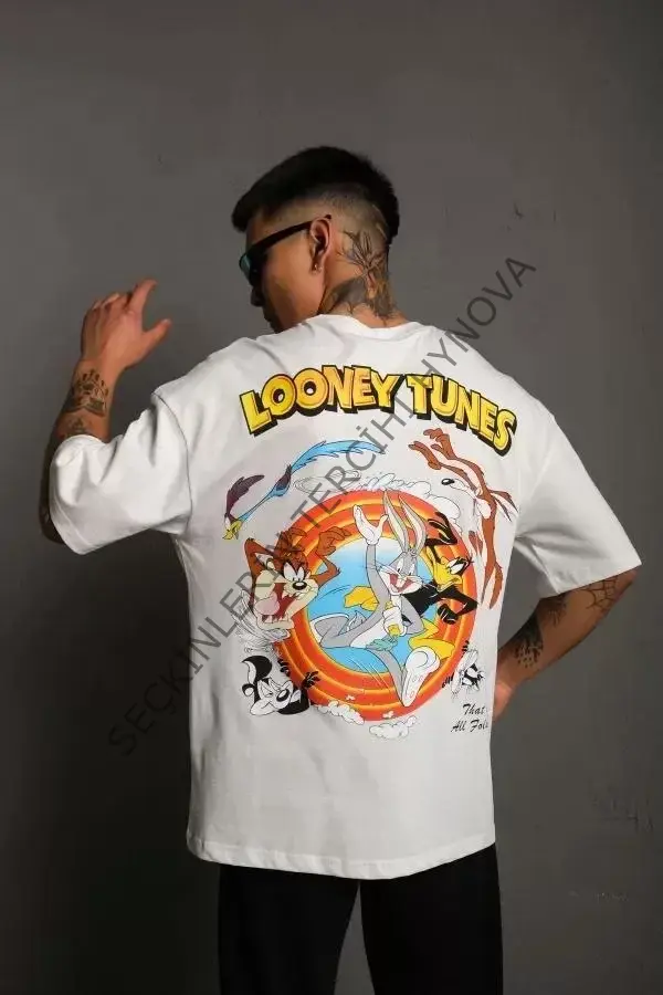 Unisex Bisiklet Yaka Baskılı Oversize T-Shirt - Beyaz