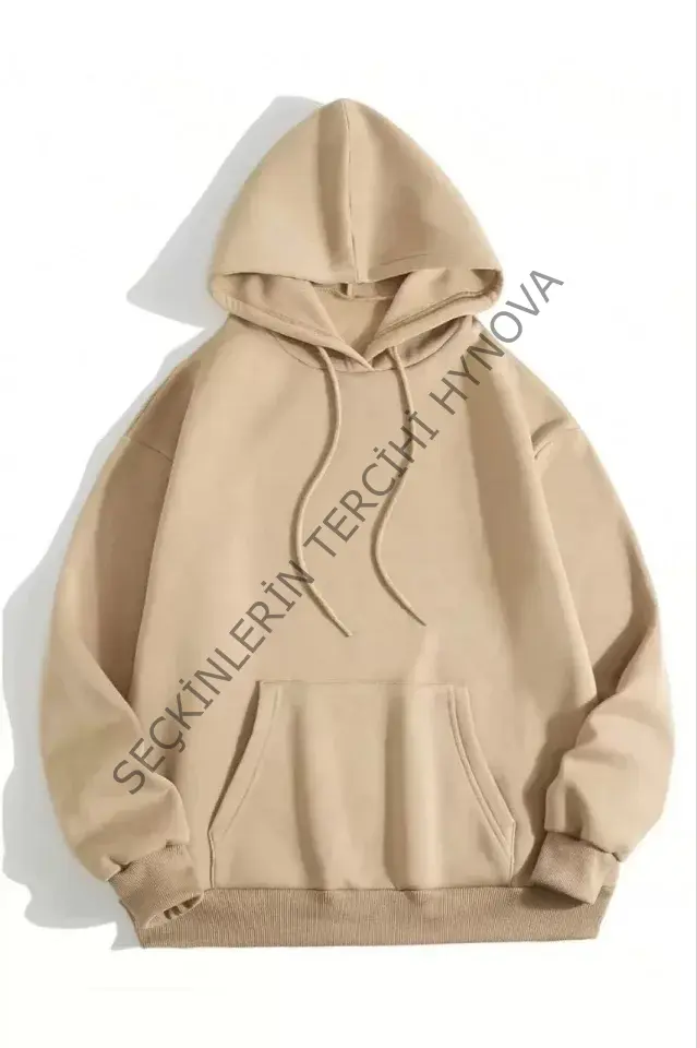 3 İplik Pamuklu Unisex Kapşonlu Sweetshirt - Bej