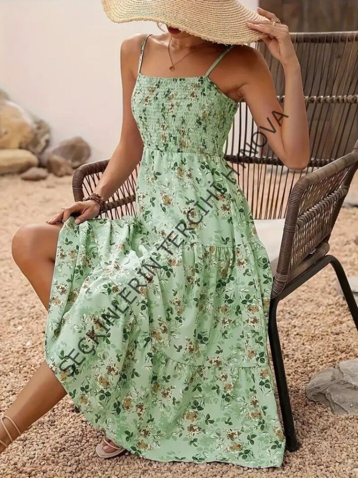 Kadın Ip Askılı Geniş V Yakalı Desenli Uzun Süprem Elbise