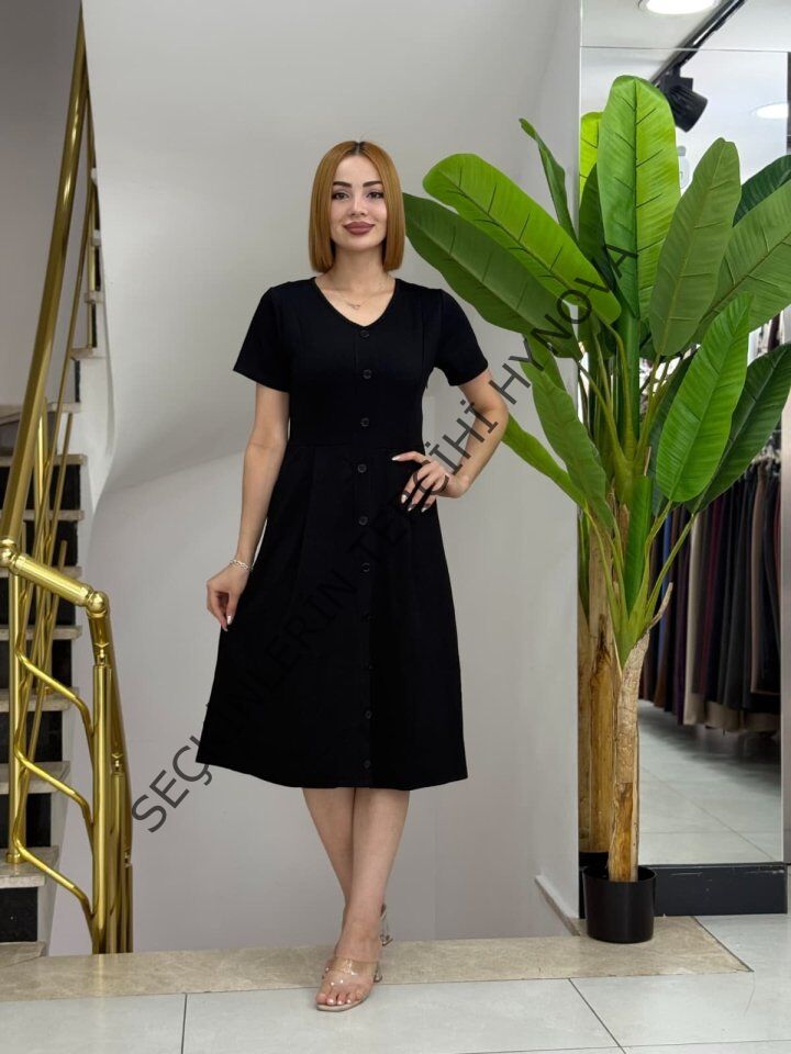 Kadın Kısa Kollu V Yakalı önden Düğmeli A Kesim Dokuma Elbise