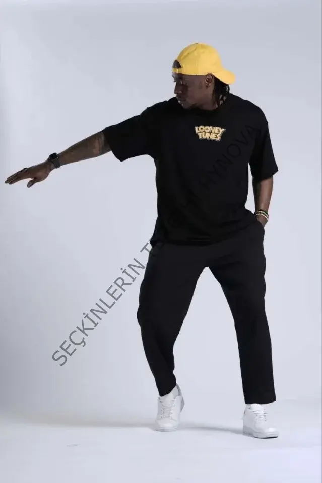 Unisex Bisiklet Yaka Baskılı Oversize T-Shirt - Siyah