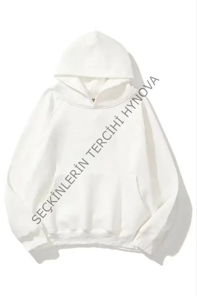 3 İplik Pamuklu Unisex Kapşonlu Sweetshirt - Beyaz