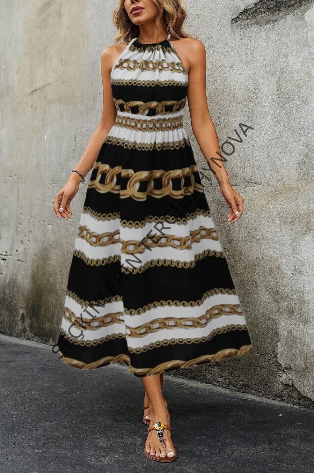 Kadın Kolsuz Boyundan Bağlamalı Beli Lastikli Dijital Baskı Süprem Uzun Elbise