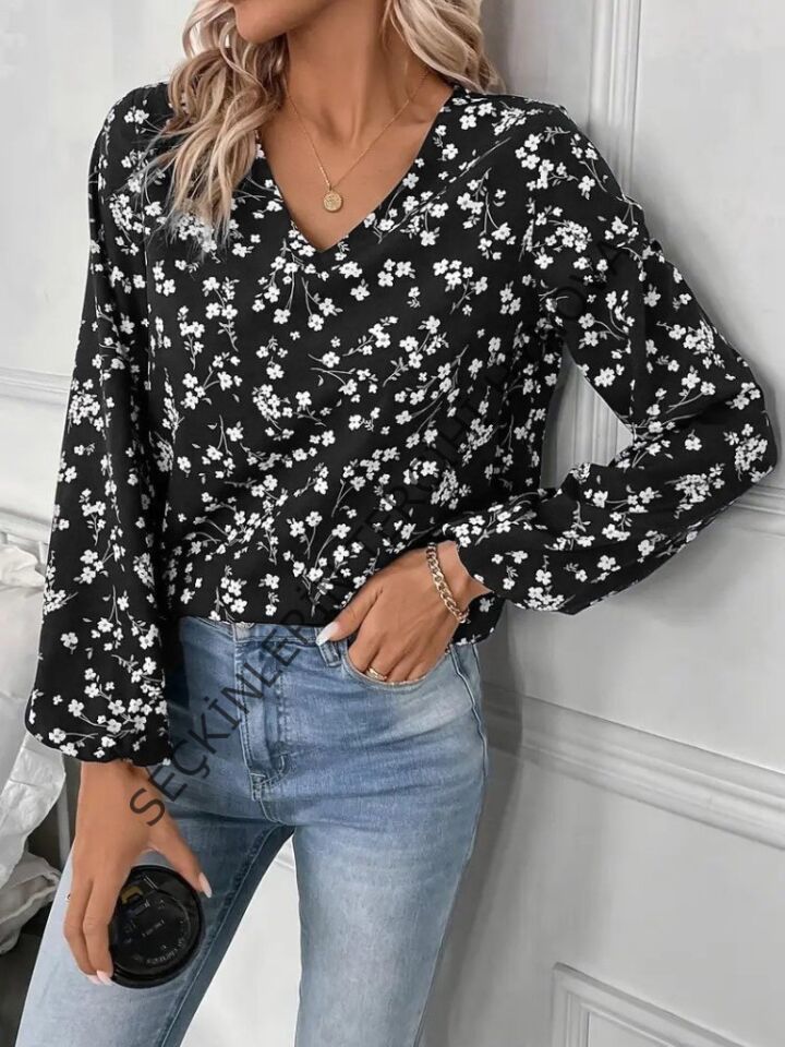 Kadın Uzun Kollu V Yakalı çiçek Desenli Modal Bluz