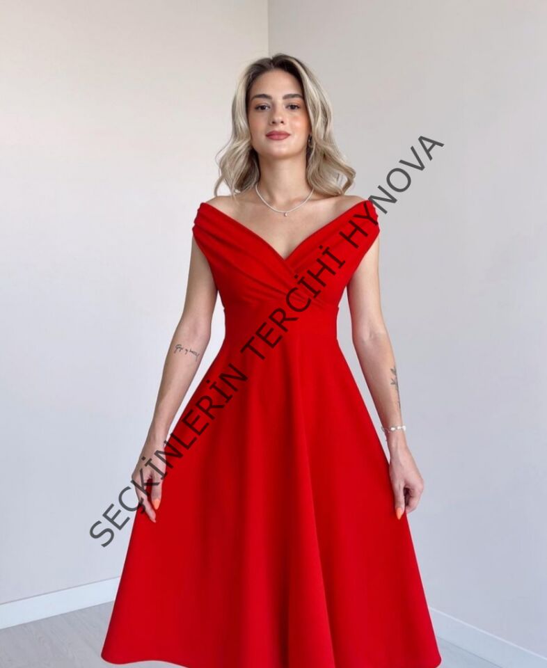 Kadın Kısa Kollu Kruvaze Yaka Eteği Volanlı Krep Elbise