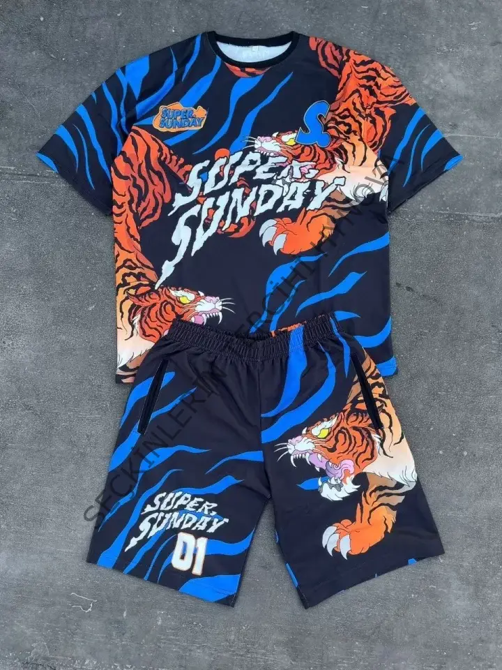 Erkek Dijital Baskılı Şortlu Takım - Mavi