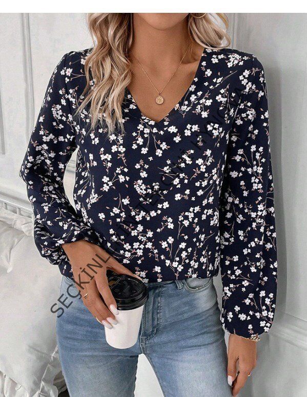 Kadın Uzun Kollu V Yakalı çiçek Desenli Modal Bluz