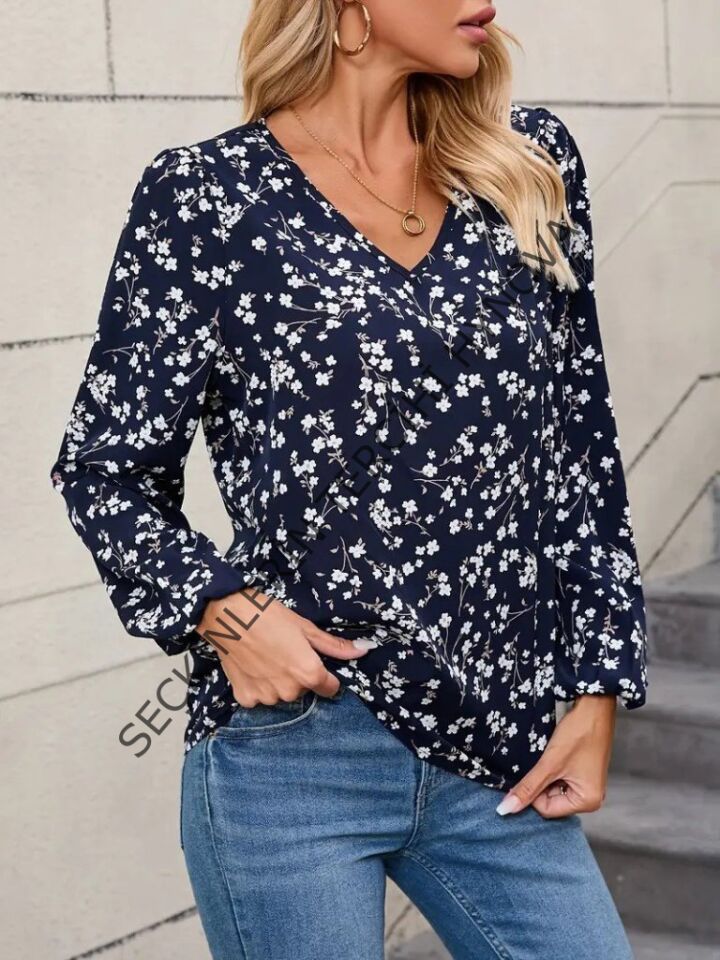 Kadın Uzun Kollu V Yakalı çiçek Desenli Modal Bluz