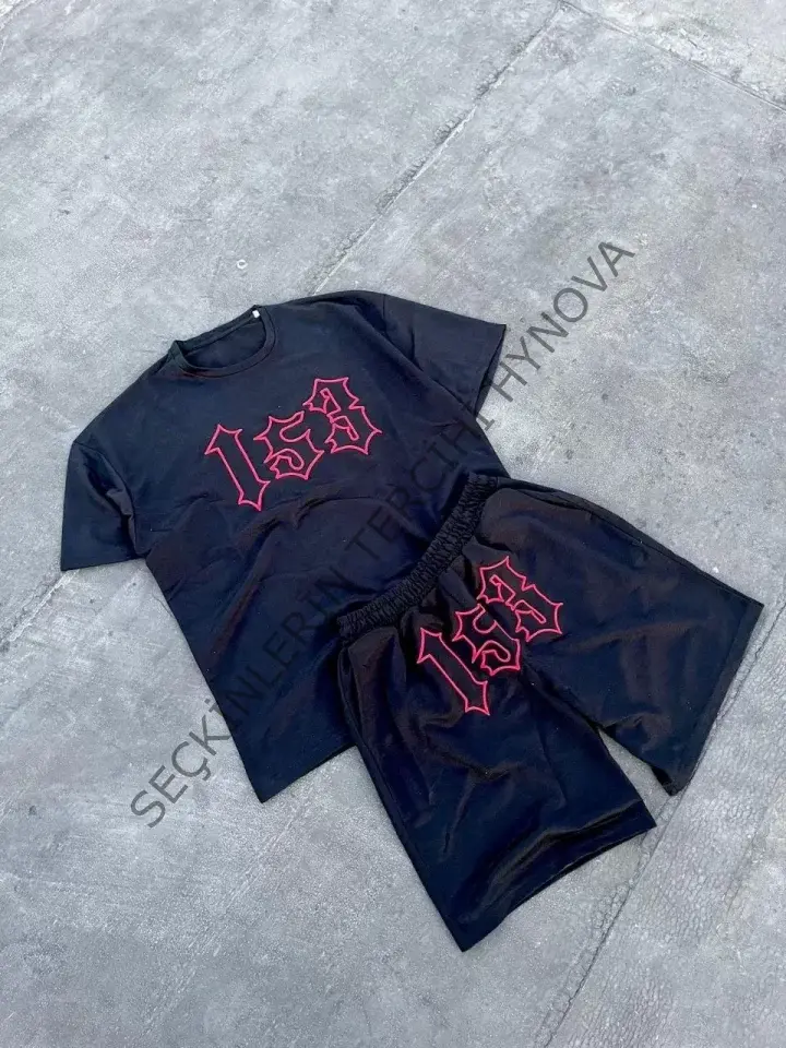 Erkek Nakış İşlemeli Şortlu Takım - Siyah