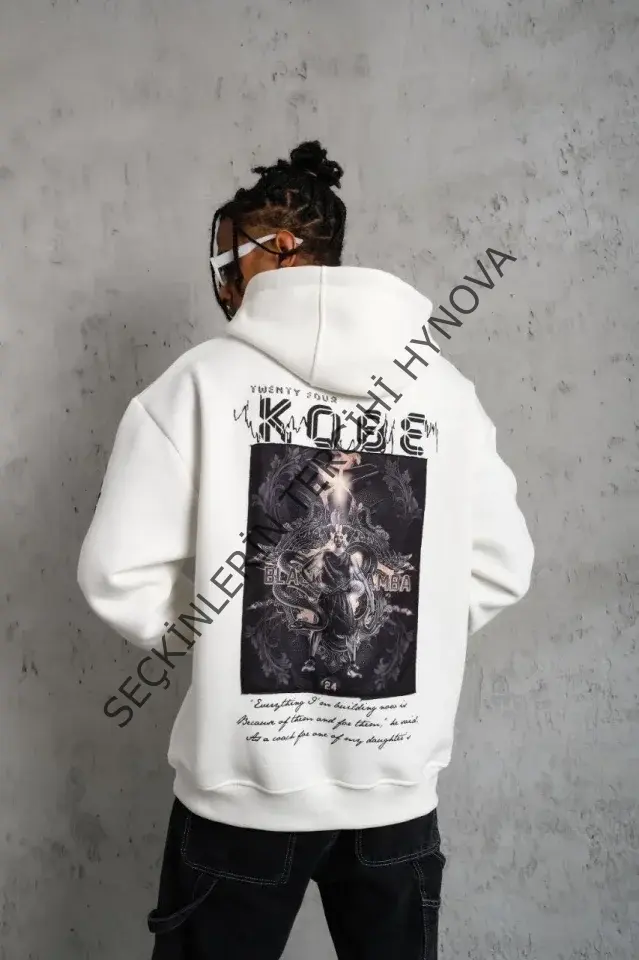 Erkek Baskılı Kapüşonlu Sweat - Beyaz