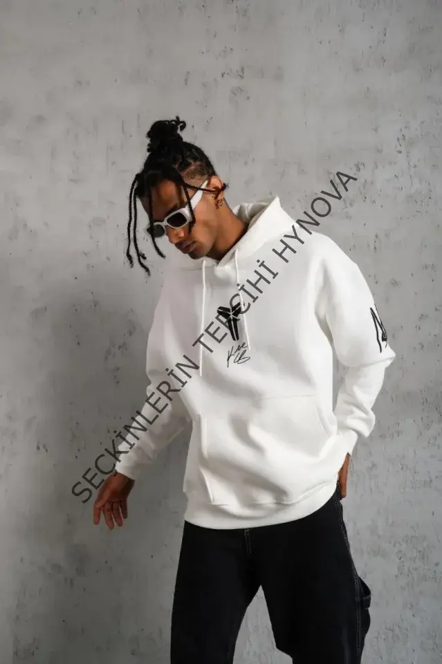 Erkek Baskılı Kapüşonlu Sweat - Beyaz