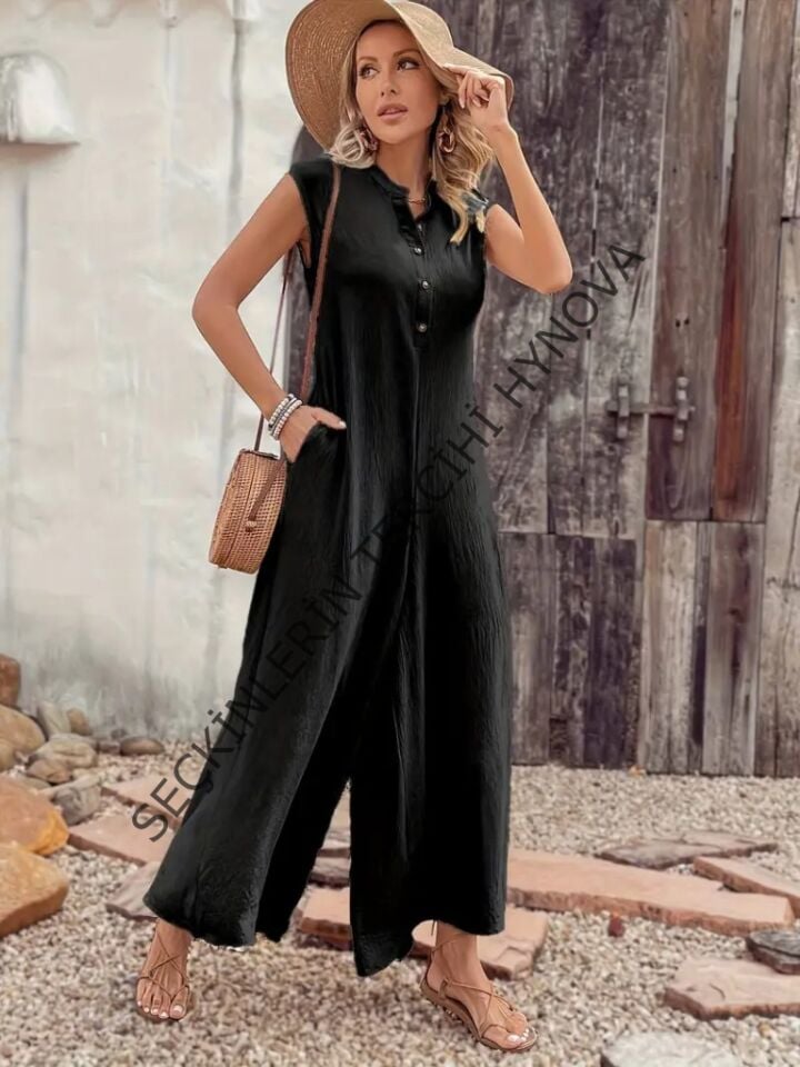 Kadın Kısa Kollu önden Düğmeli Paçaya Doğru Geniş Cepli Uzun Bürümcük Tulum