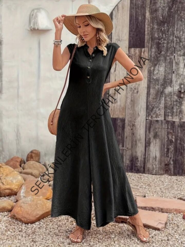 Kadın Kısa Kollu önden Düğmeli Paçaya Doğru Geniş Cepli Uzun Bürümcük Tulum