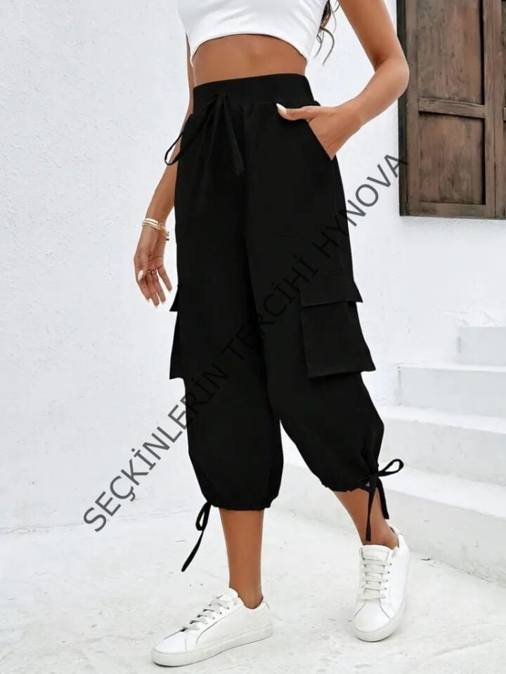 Kadın Yüksek Bel Beli Lastikli Bağcıklı Cepli Kargo Viskon Iki Iplik Pantolon