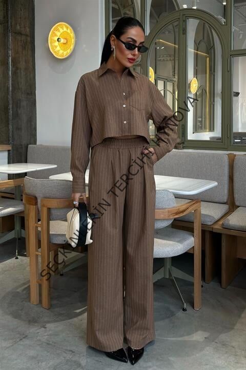 Crop Gömlekli Çizgili Takım 10080