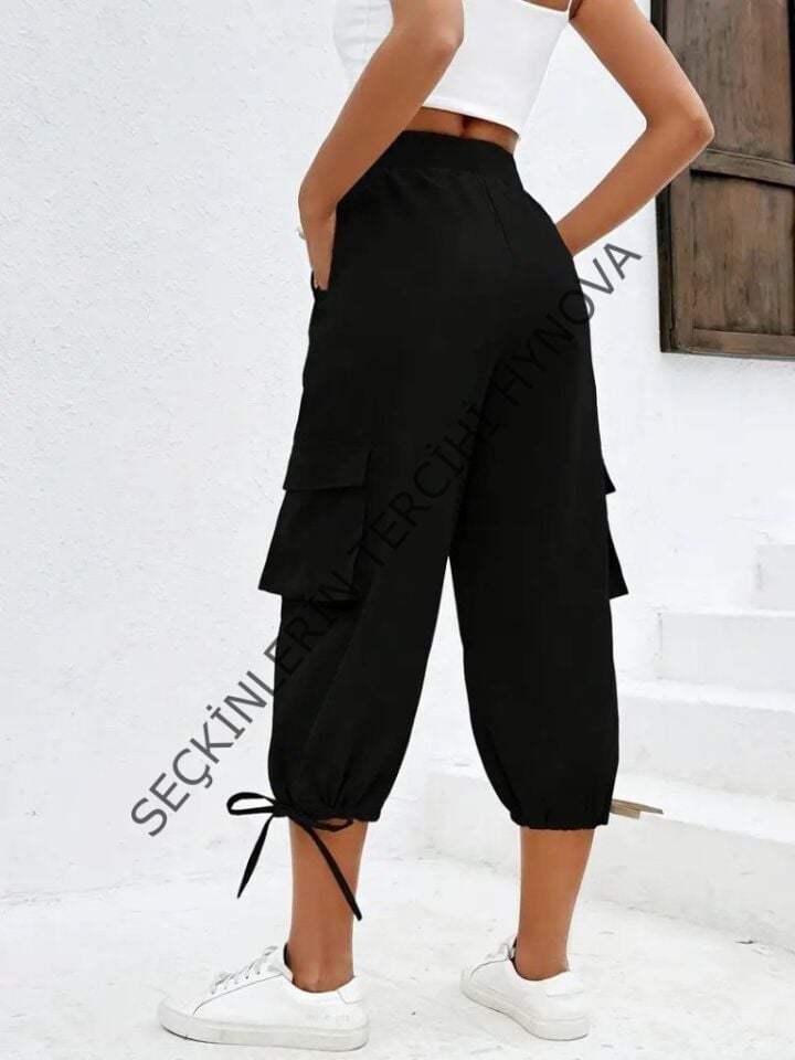 Kadın Yüksek Bel Beli Lastikli Bağcıklı Cepli Kargo Viskon Iki Iplik Pantolon