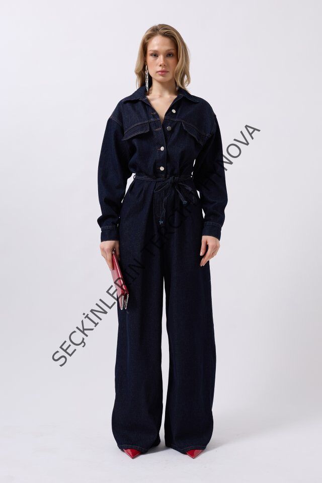 Düğme Detaylı Denim Tulum